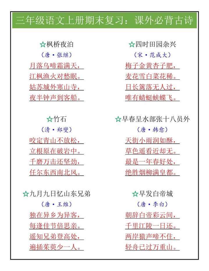 三年级语文上册期末复习：课外必背古诗