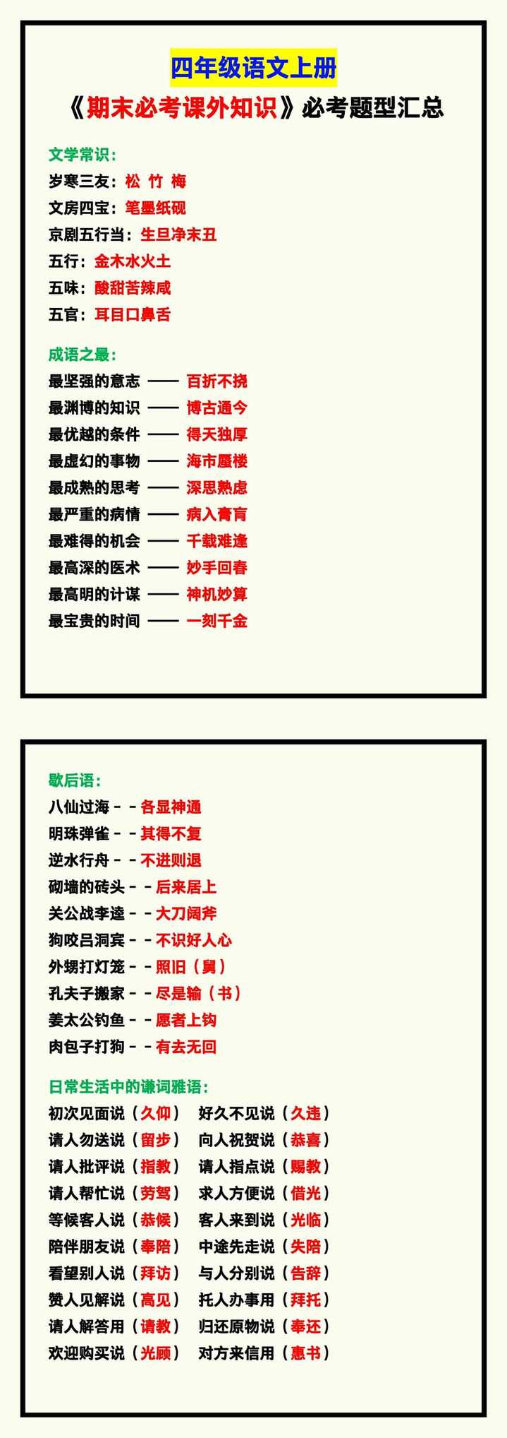 四年级语文上册《期末必考课外知识》归纳！