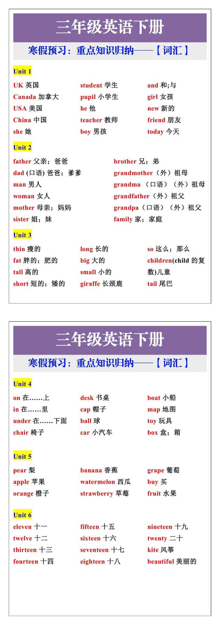 三年级英语下册重点知识点归纳——【词汇】