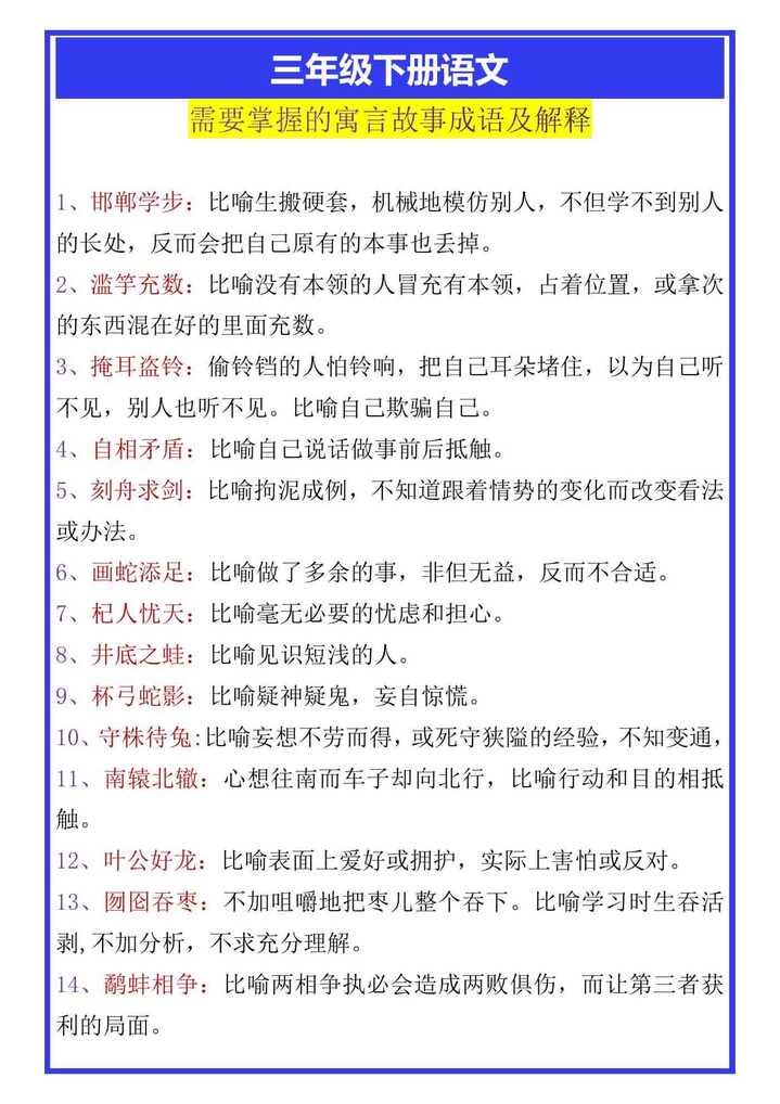 三年级下册语文需要掌握的寓言故事成语及解释