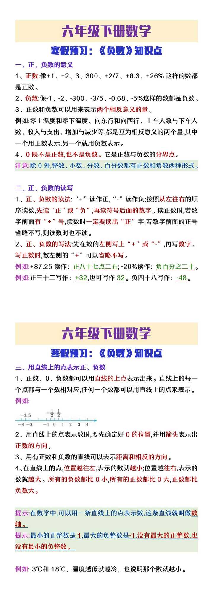 六年级下册数学寒假预习《负数》知识点