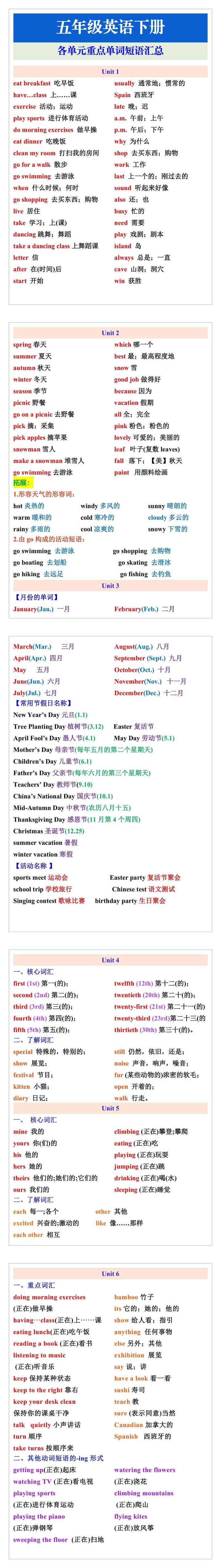 五年级英语下册各单元重点单词短语汇总