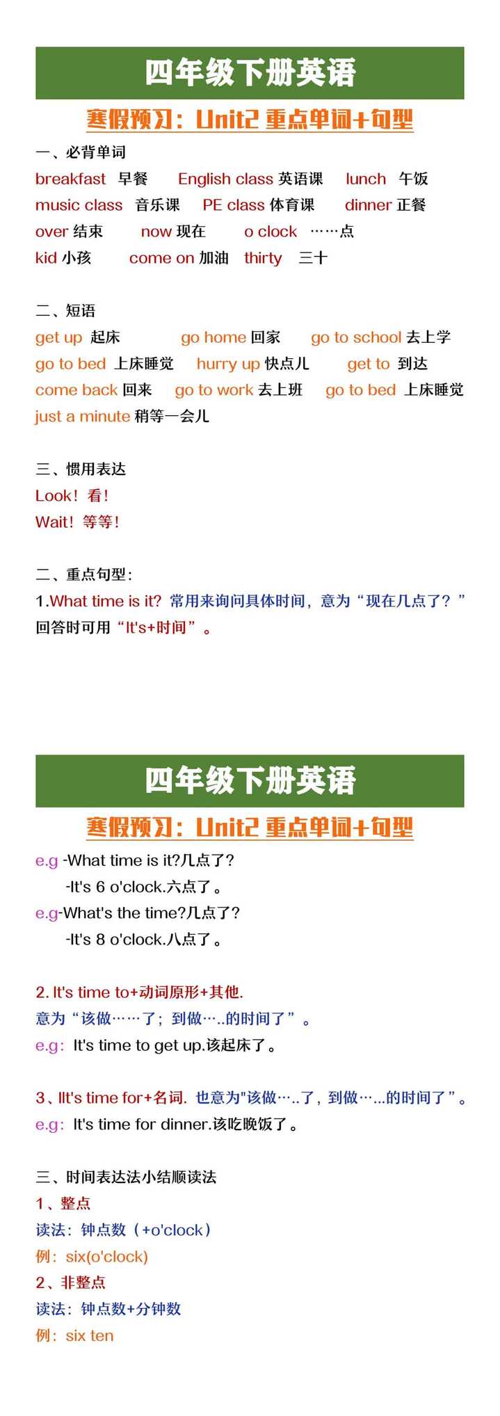 四年级下册英语寒假预习Unit2重点单词+句型
