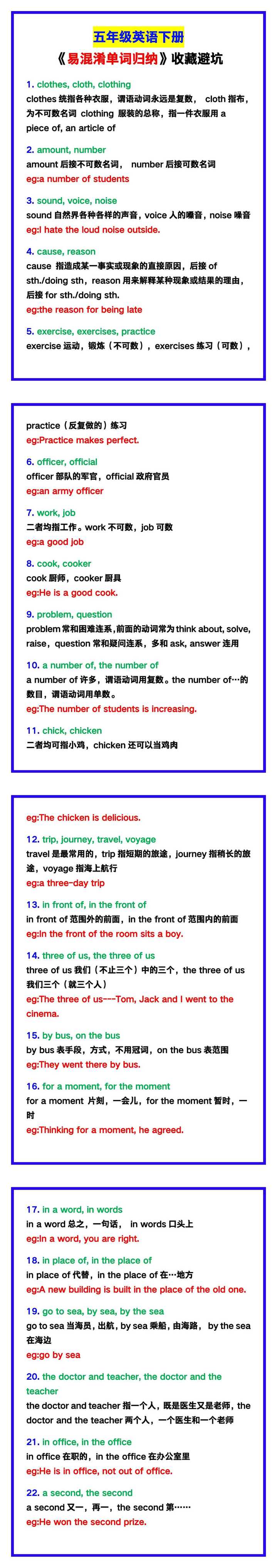 五年级英语下册《易混淆单词归纳》，收藏避坑！
