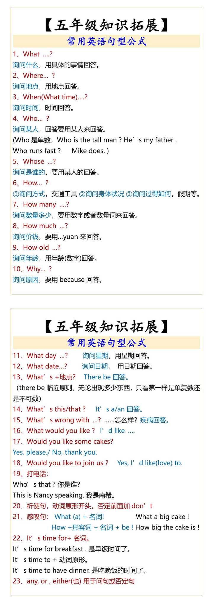 五年级知识拓展 常用英语句型公式