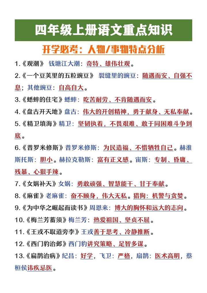 四年级上册语文重点知识开学必考