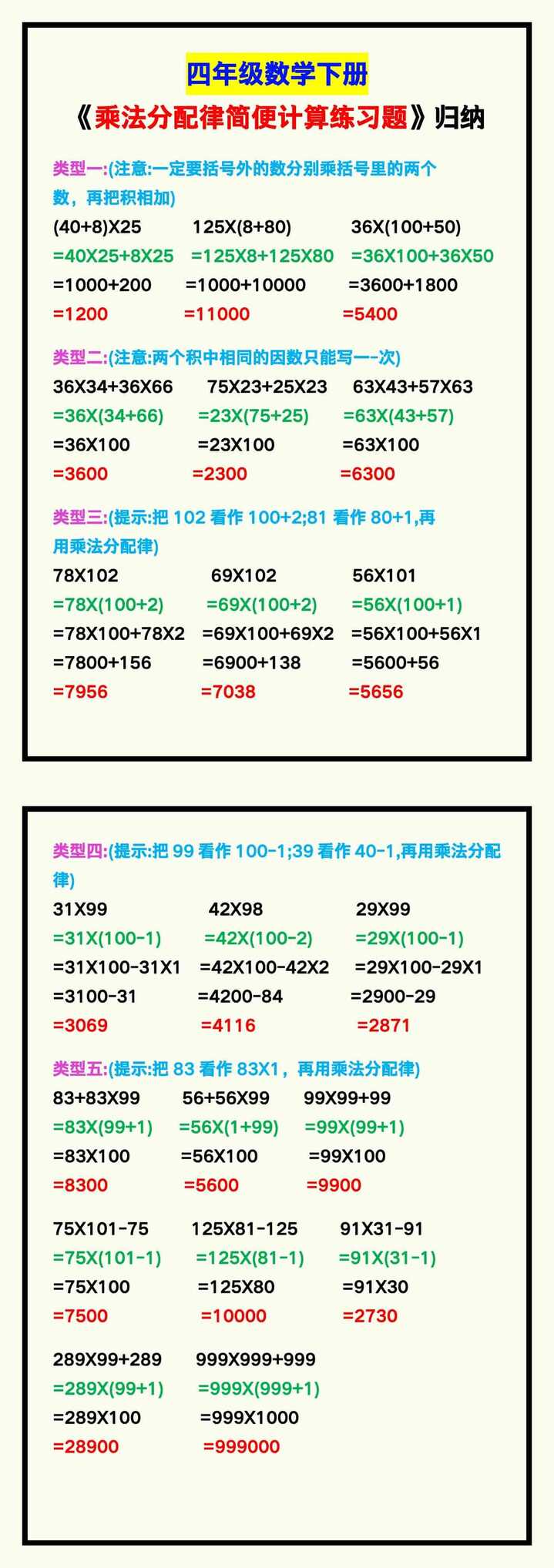 四年级数学下册《乘法分配律简便计算练习题》归纳！
