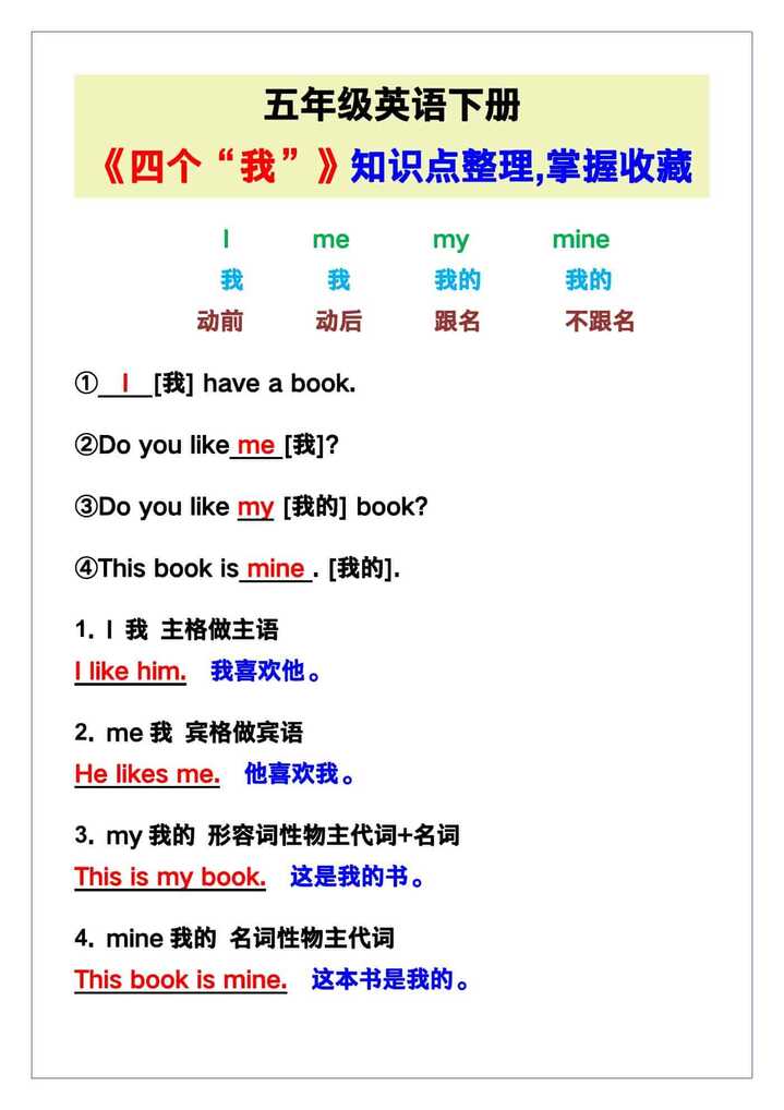 五年级英语下册《四个“我”》知识点整理！