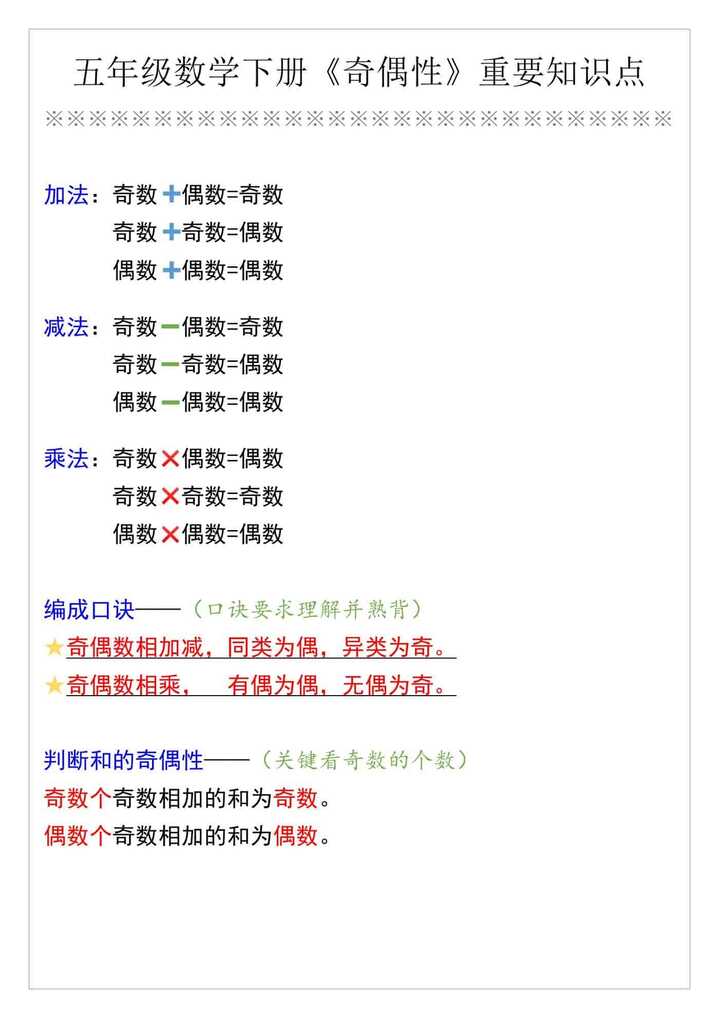 五年级数学下册《奇偶性》重要知识点