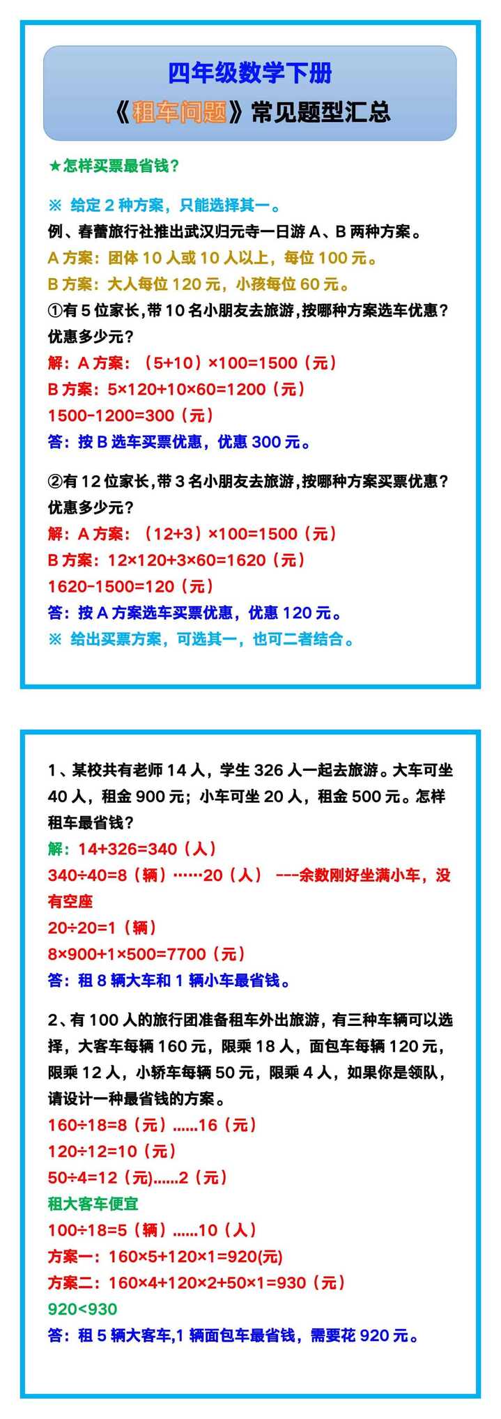 四年级数学下册《租车问题》常见题型汇总！