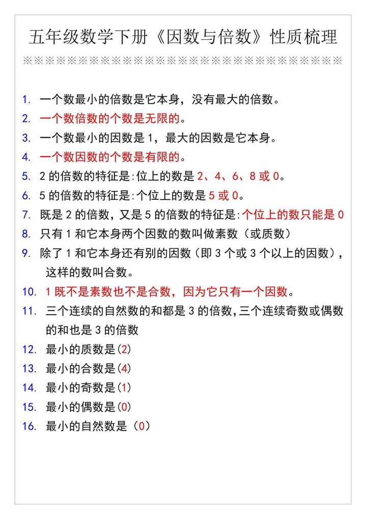 五年级数学下册《因数与倍数》性质梳理