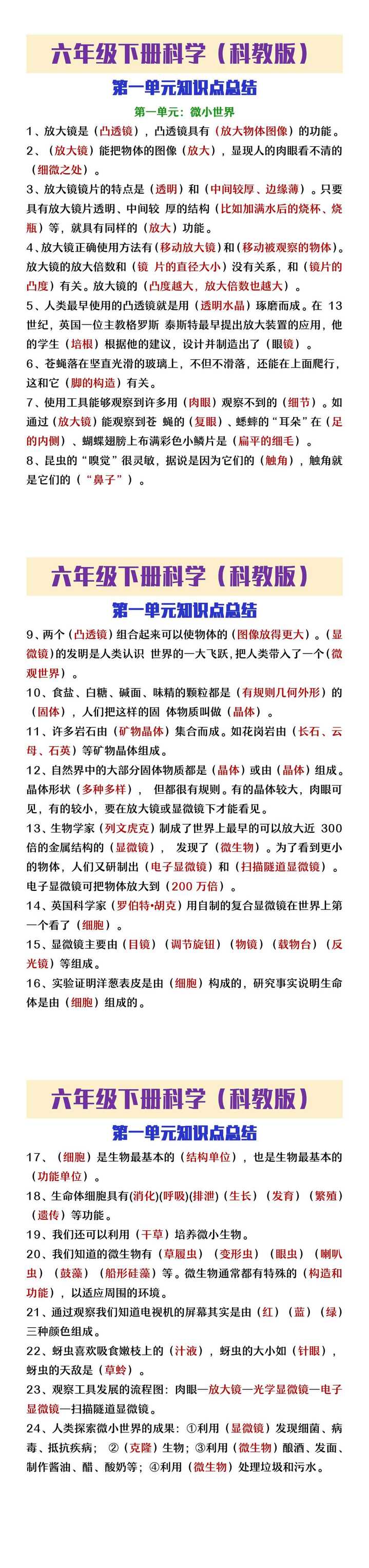 六年级下册科学第一单元知识带你总结