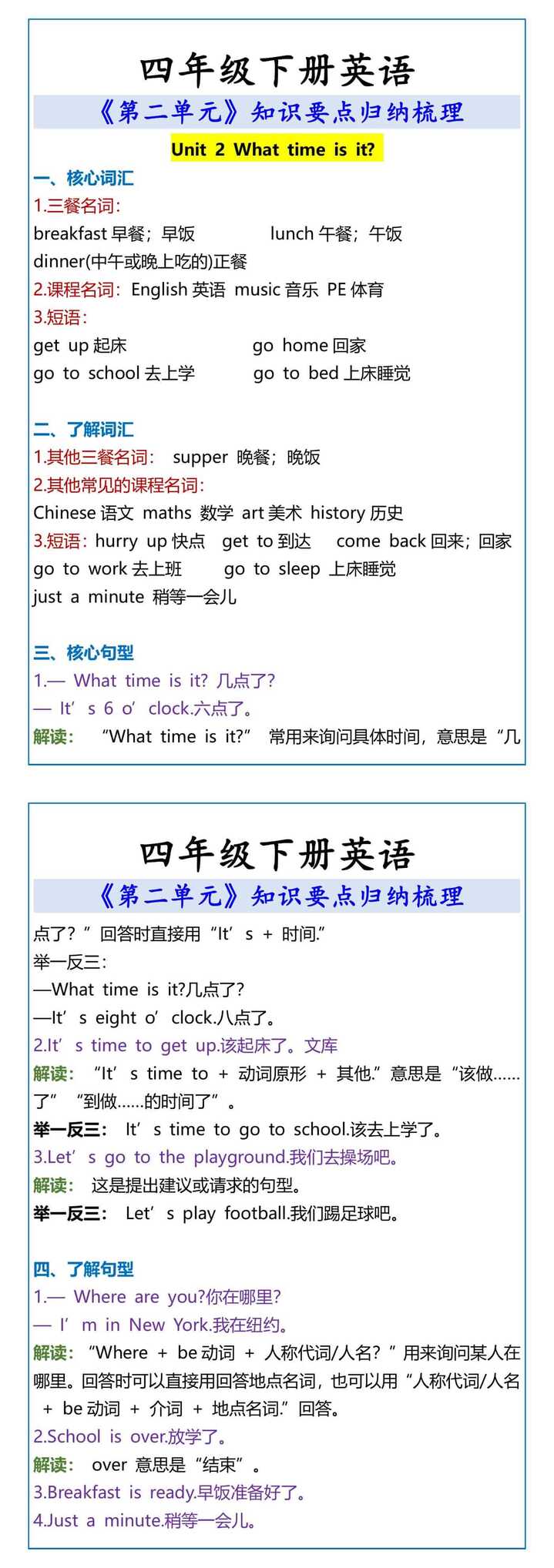 四年级下册英语 第二单元知识要点