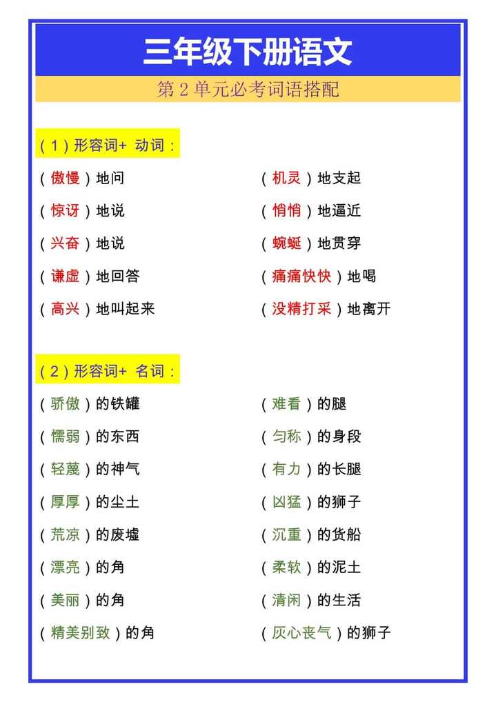 三年级下册语文第2单元必考词语搭配