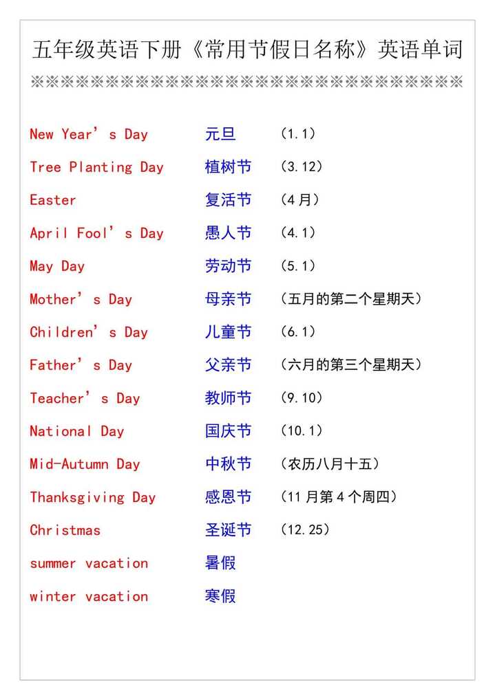 五年级英语下册《常用节假日名称》英语单词