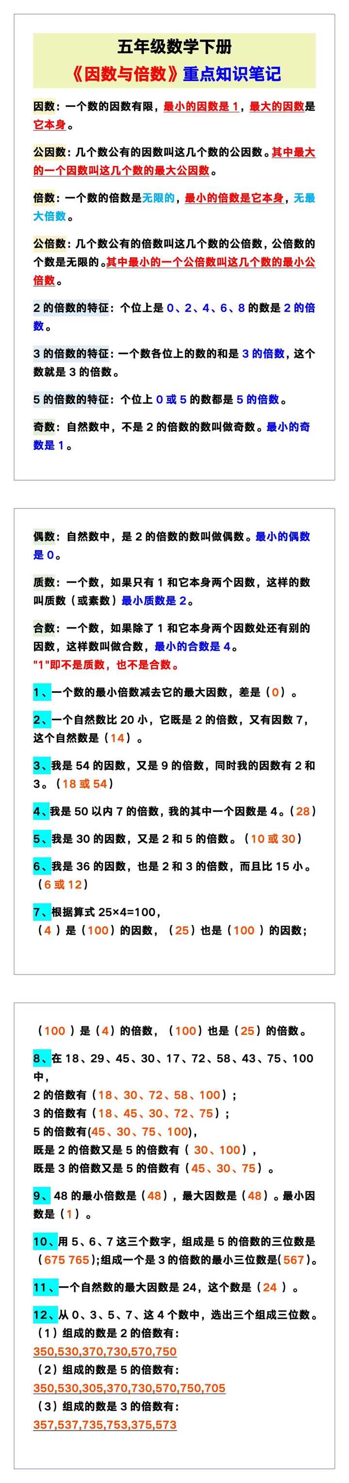 五年级数学下册《因数与倍数》重点知识笔记！
