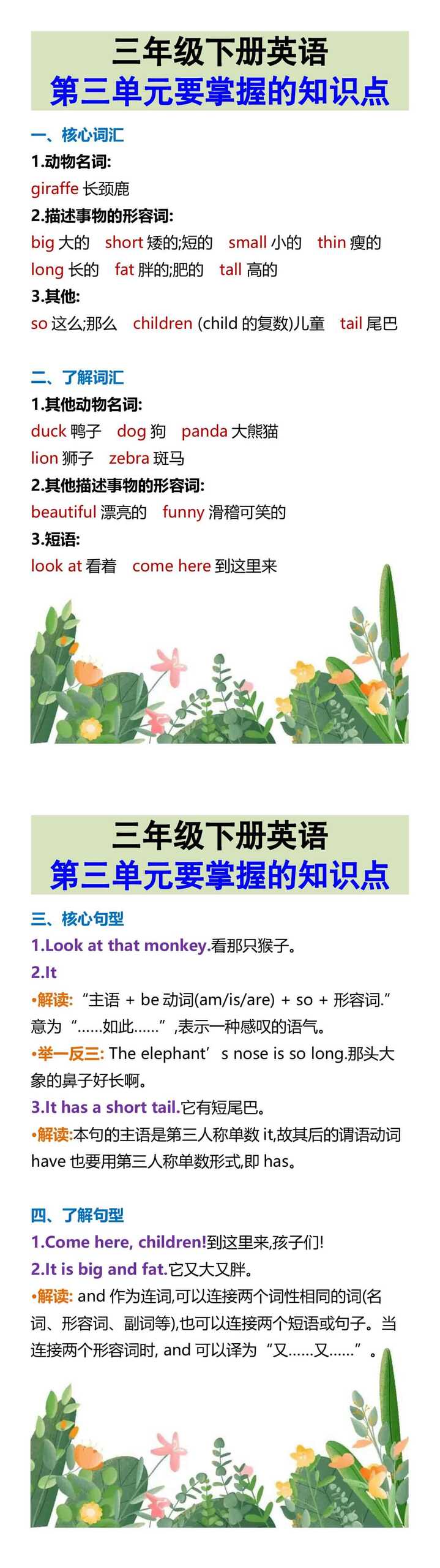 三年级下册英语 第三单元要掌握的知识点