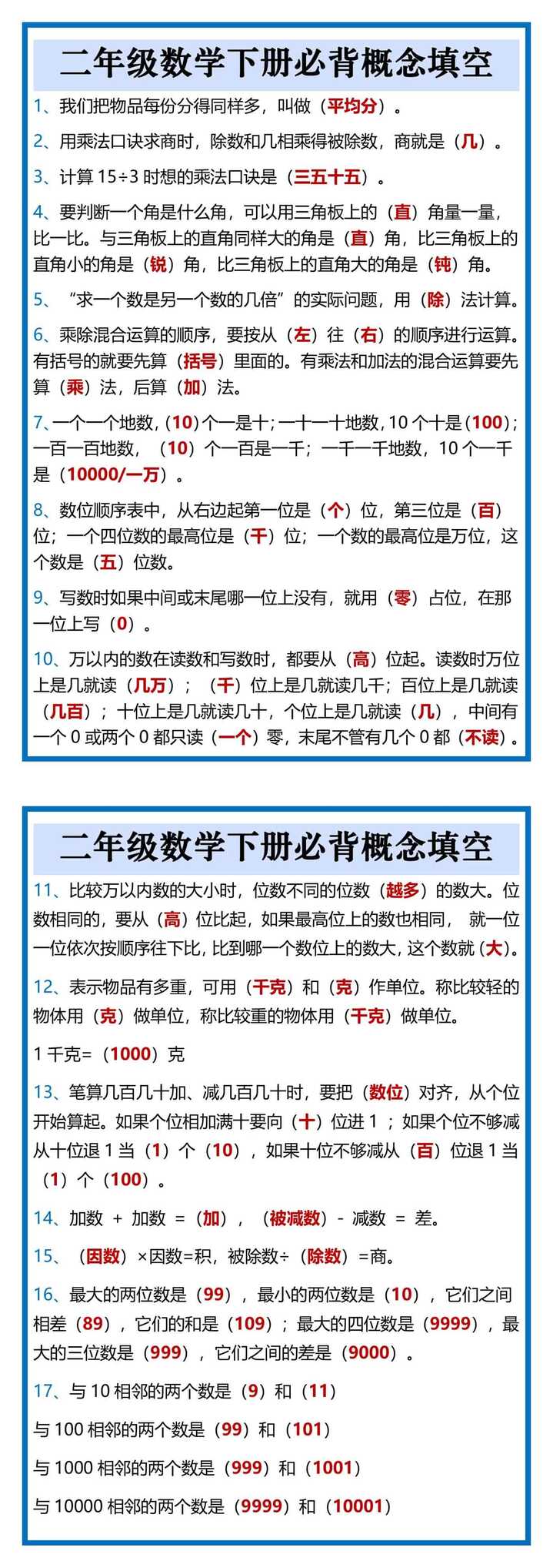 二年级数学下册必背概念填空