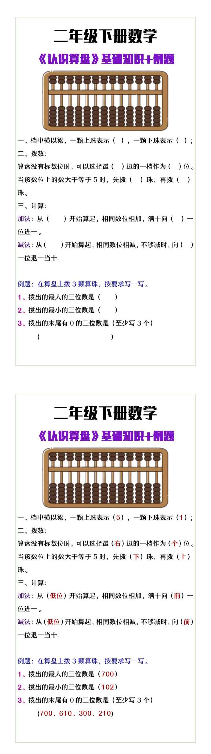二年级下册数学《认识算盘》基础知识+例题