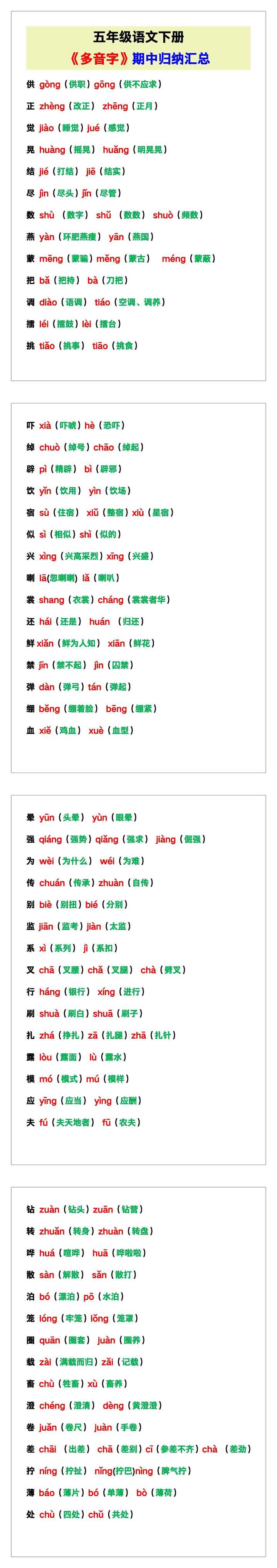 五年级语文下册《多音字》汇总！