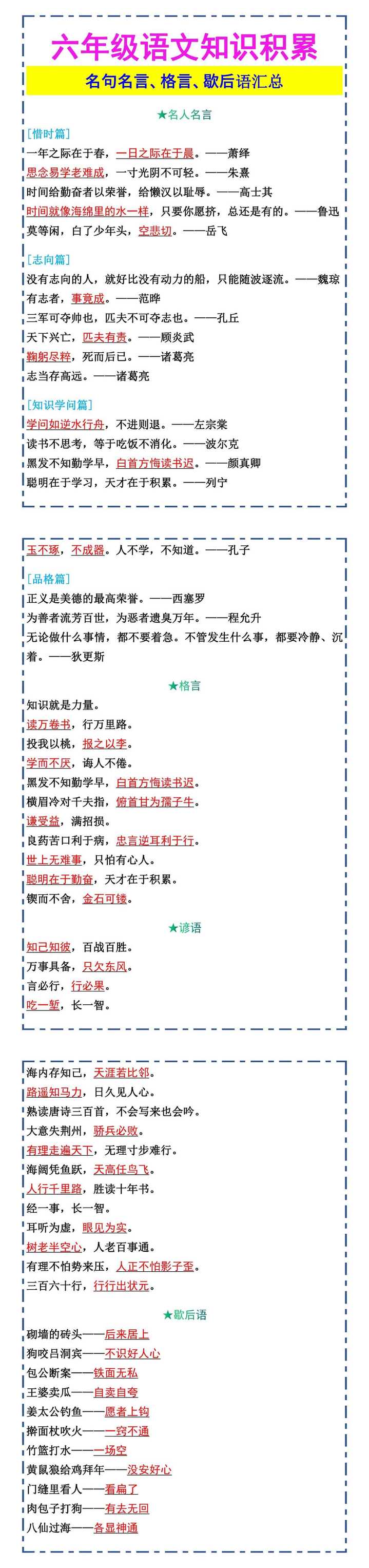 六年级语文知识积累 名句名言、格言、歇后语汇总