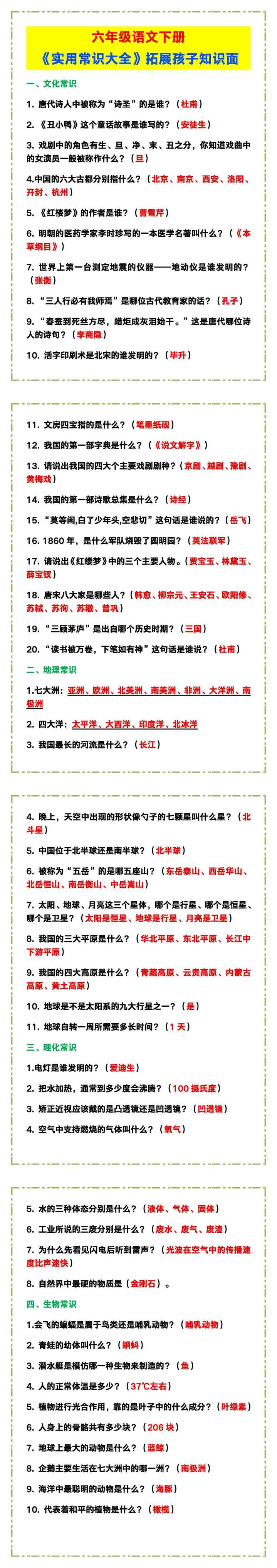 六年级语文下册《实用常识大全》，拓展孩子知识面!