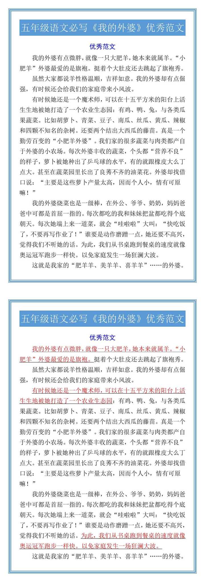 五年级语文必写《我的外婆》优秀范文