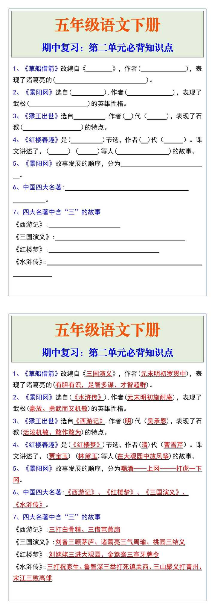 五年级语文下册期中复习：第二单元必背知识点