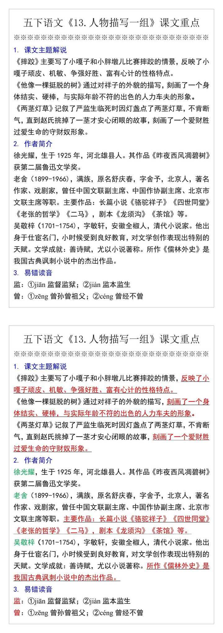 五下语文《13.人物描写一组》课文重点