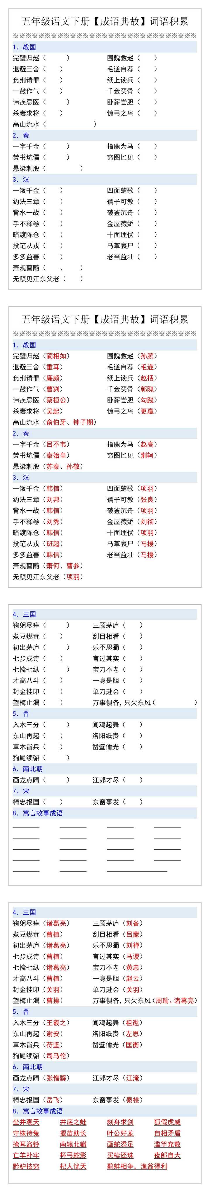 五年级语文下册【成语典故】词语积累