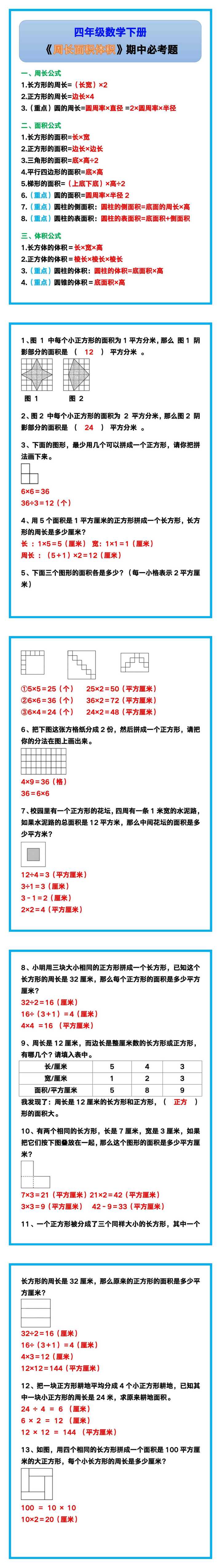 四年级数学下册《周长面积》期中必考题！