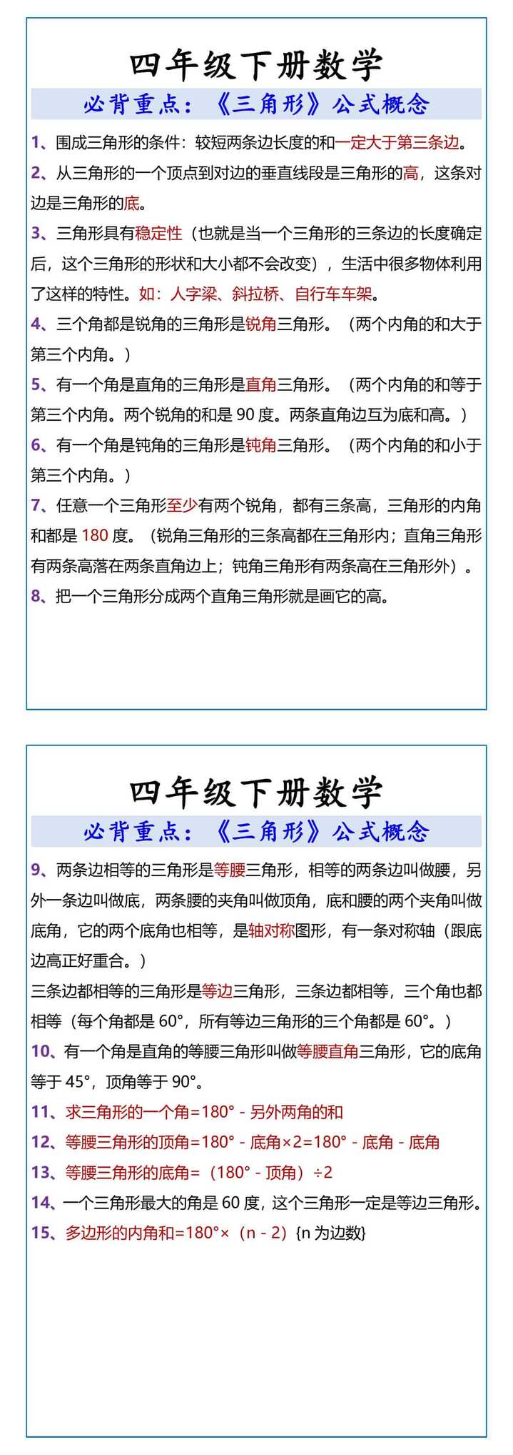 四年级下册数学 必背重点：《三角形》公式概念