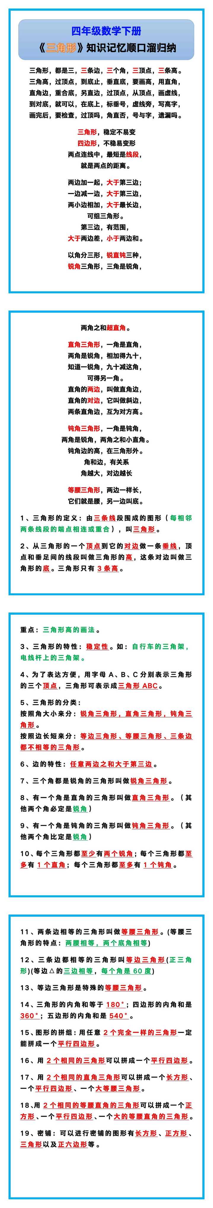 四年级数学下册《三角形》知识记忆顺口溜！