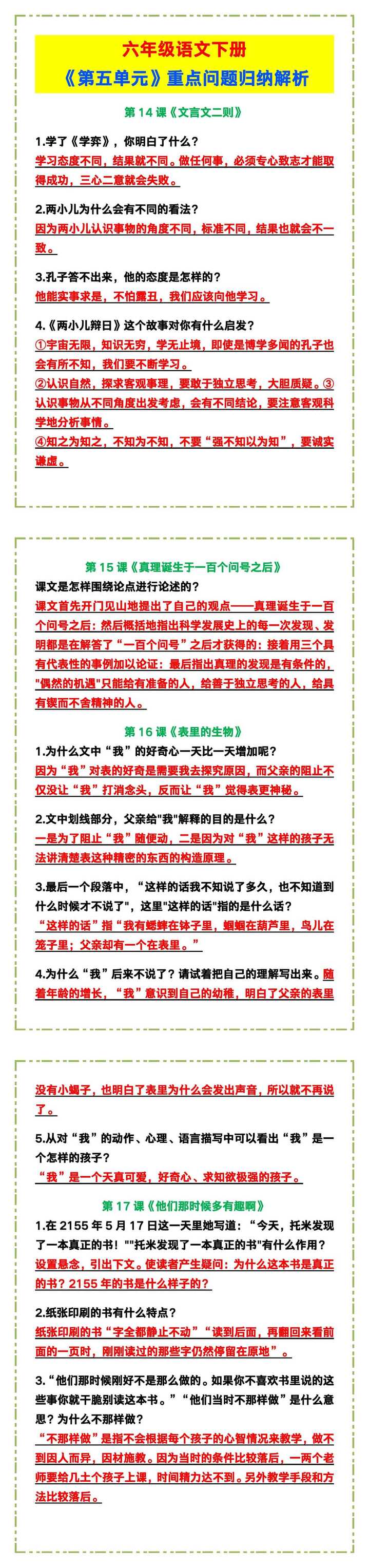 六年级语文下册《第五单元重点问题归纳解析》！