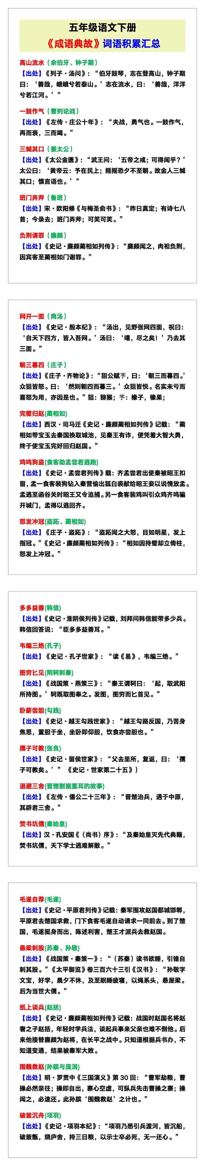 五年级语文下册《成语典故》词语积累汇总！
