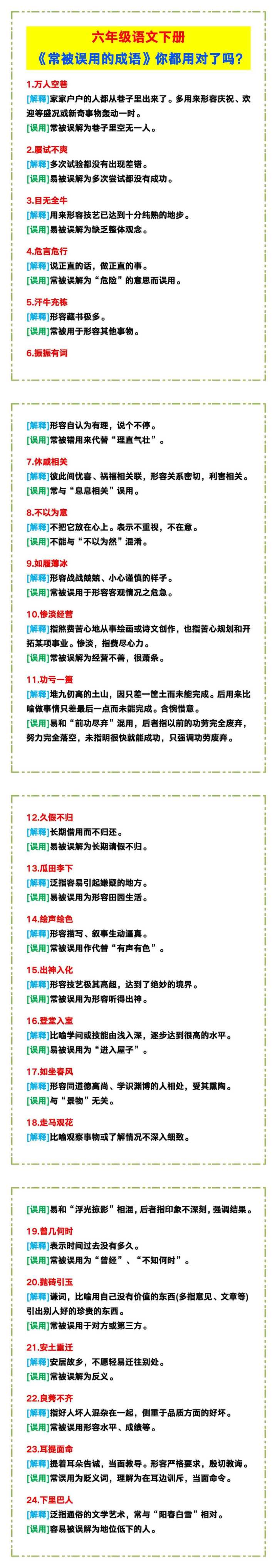 六年级语文下册《常被误用的成语》，你都用对了吗？