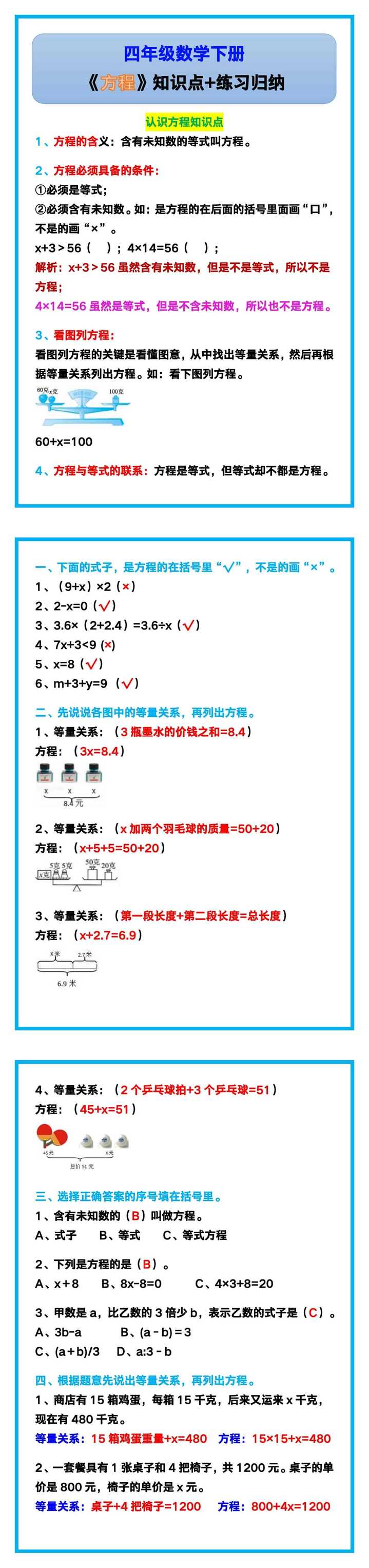 四年级数学下册《方程》知识点+练习！