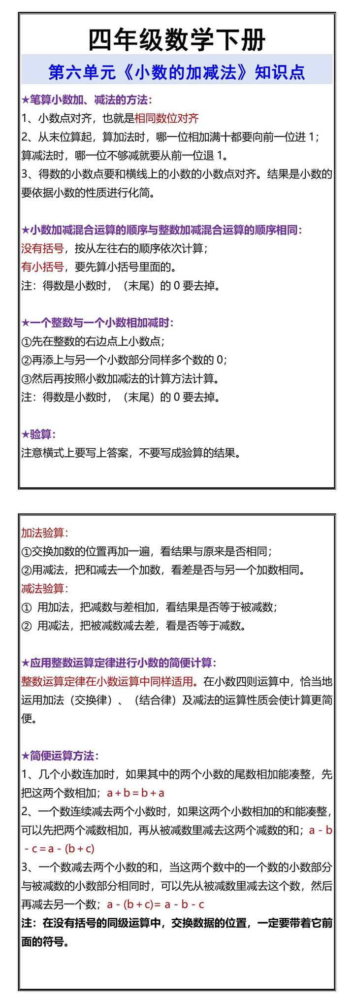 四年级数学下册 第六单元《小数的加减法》知识点