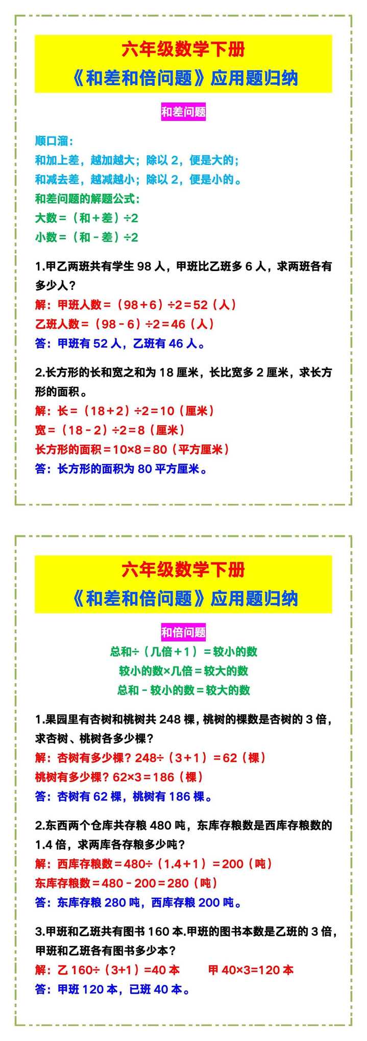 六年级数学下册《和差和倍问题》应用题！