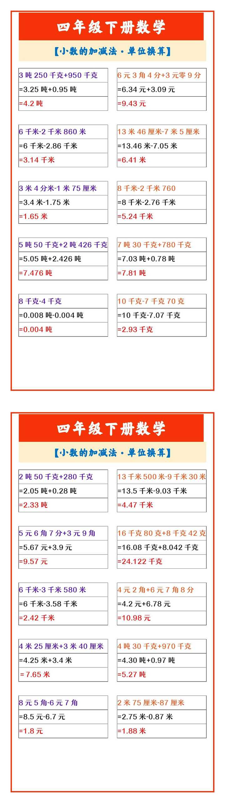 四年级下册数学 【小数的加减法·单位换算】