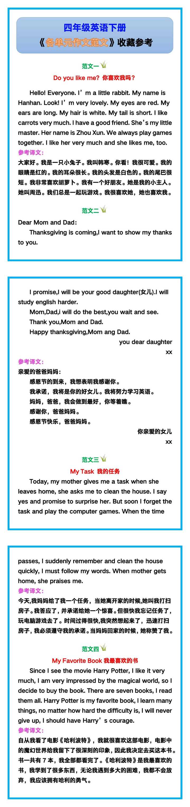 四年级英语下册《各单元作文范文》，收藏参考！