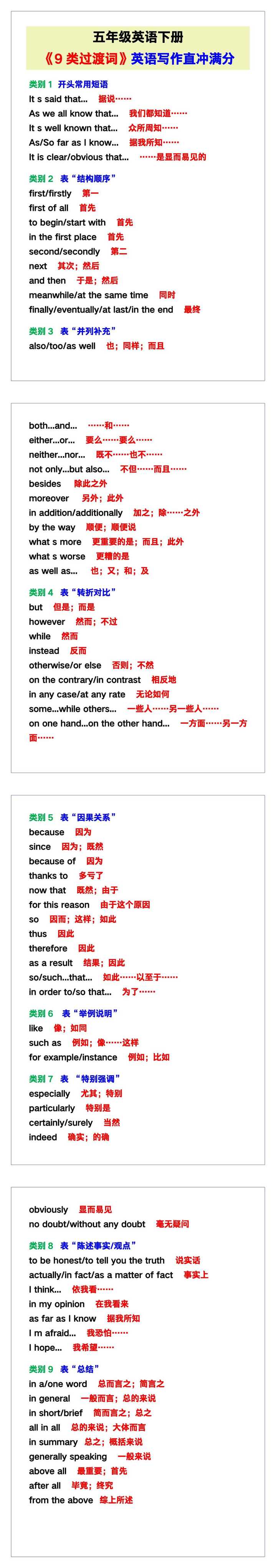 五年级英语下册《9类过渡词》，英语写作直冲满分！