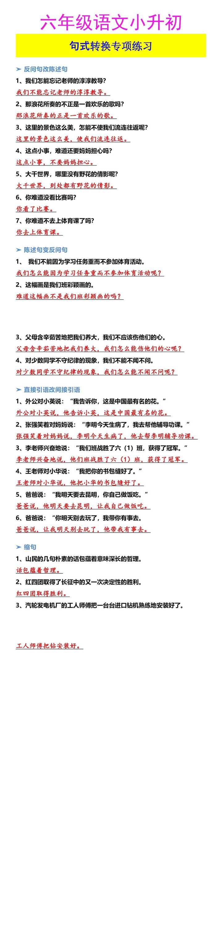 六年级语文小升初 句式转换专项练习