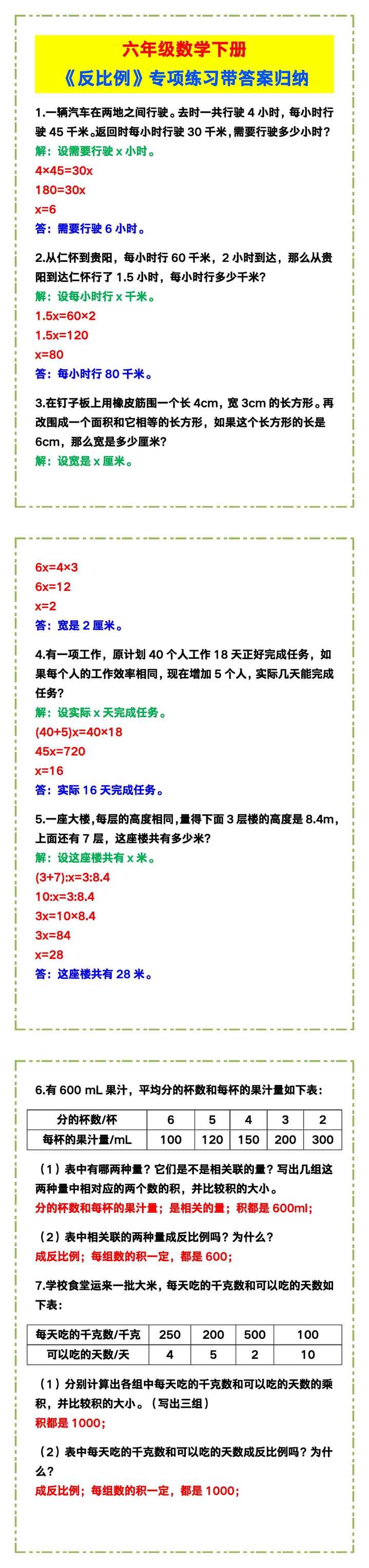 六年级数学下册《反比例》专项练习带答案！