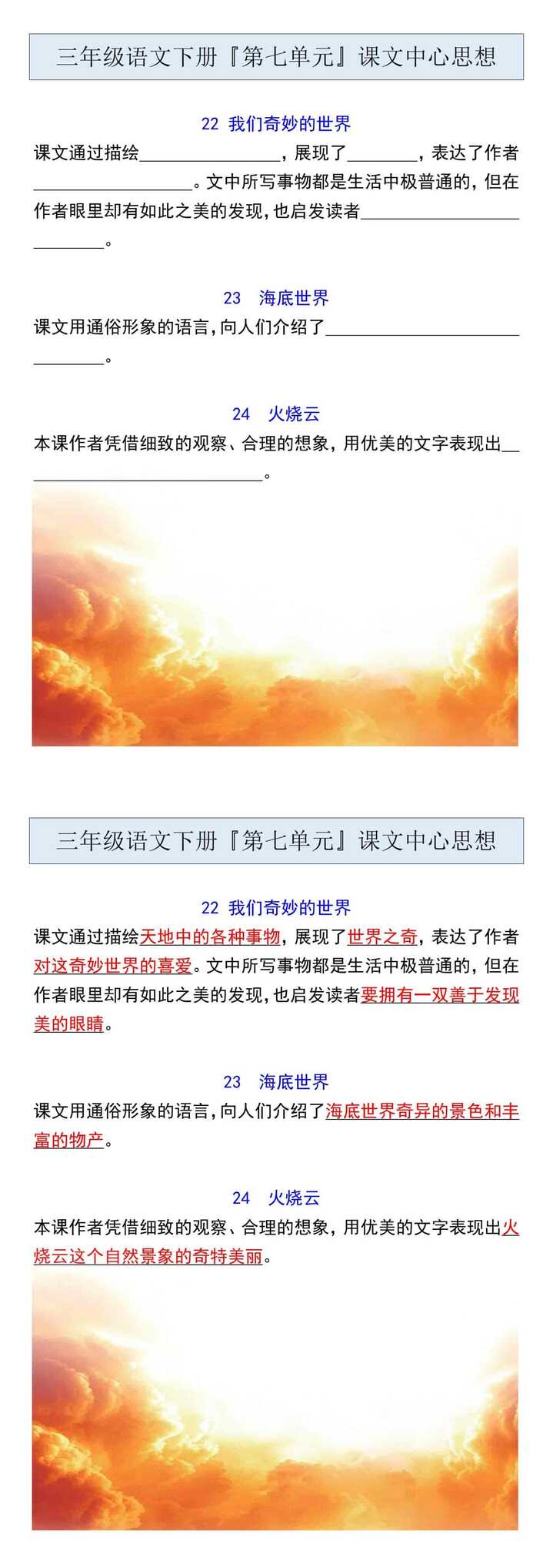三年级语文下册『第七单元』课文中心思想