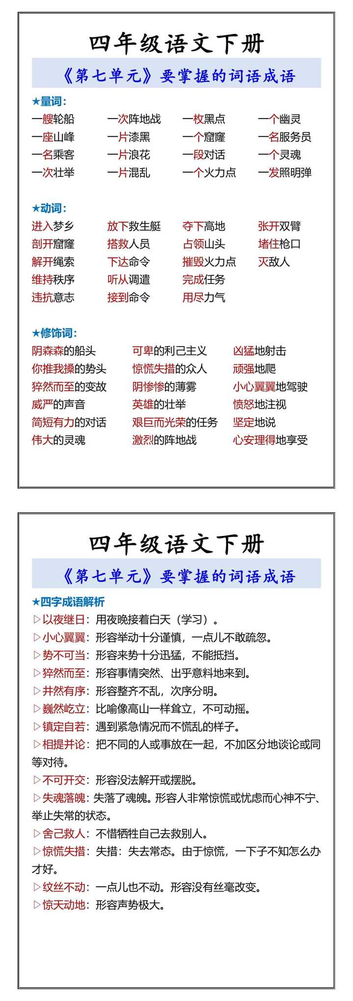 四年级语文下册 《第七单元》要掌握的词语成语