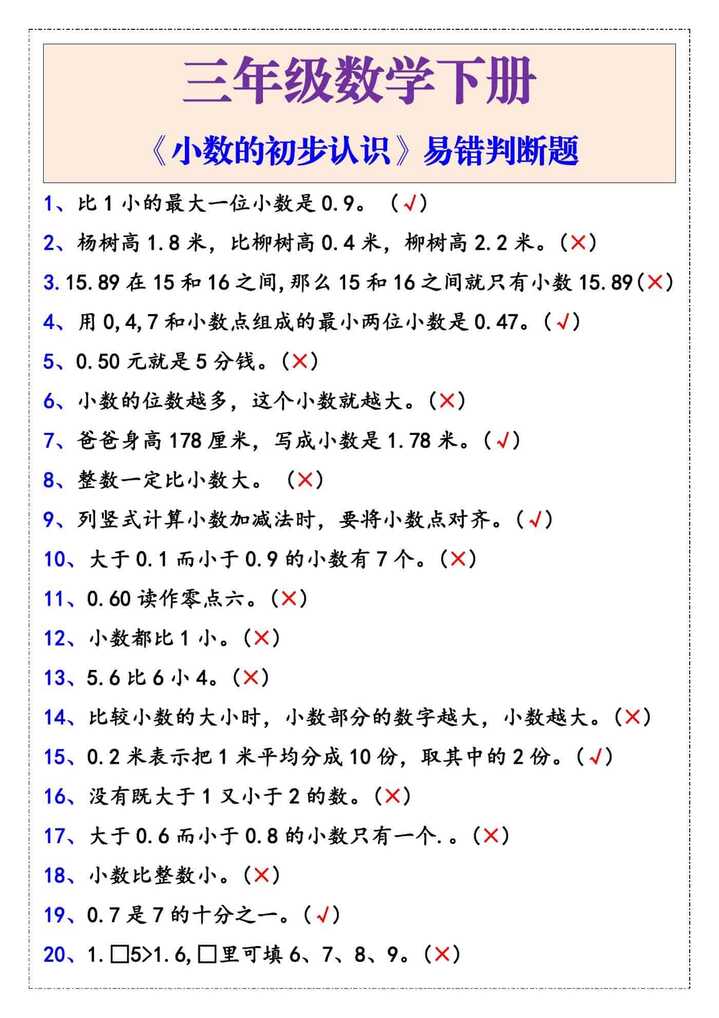 三年级下册数学《小数的初步认识》易错判断题