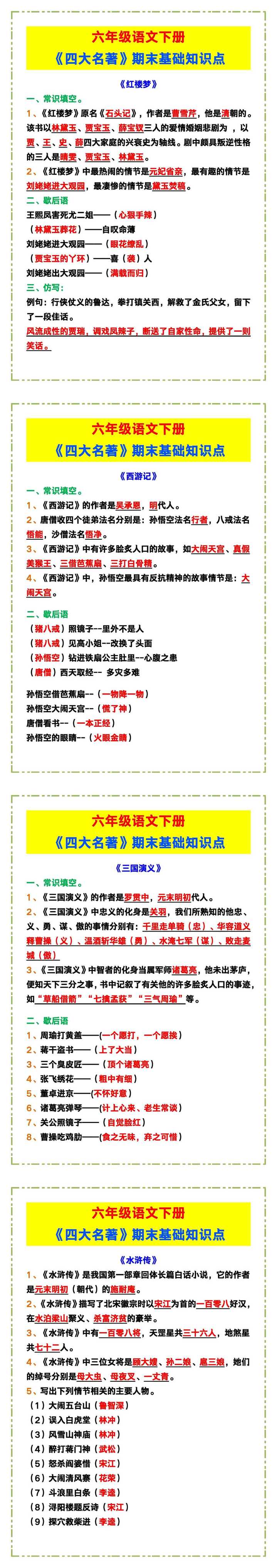 六年级语文下册《四大名著》期末基础知识点！
