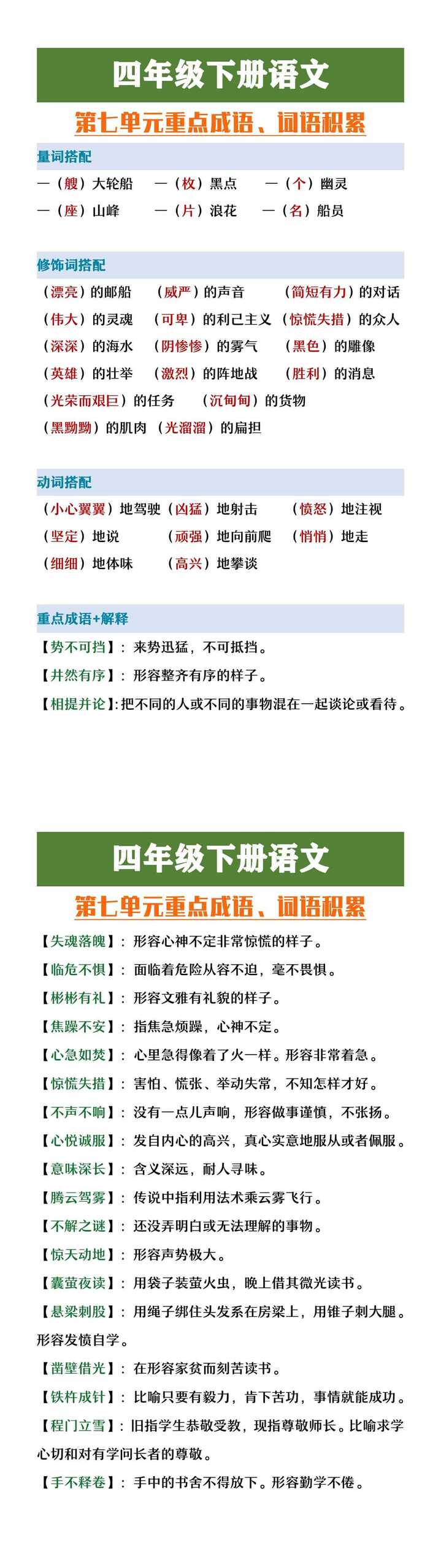 四年级下册语文第七单元重点成语词语积累