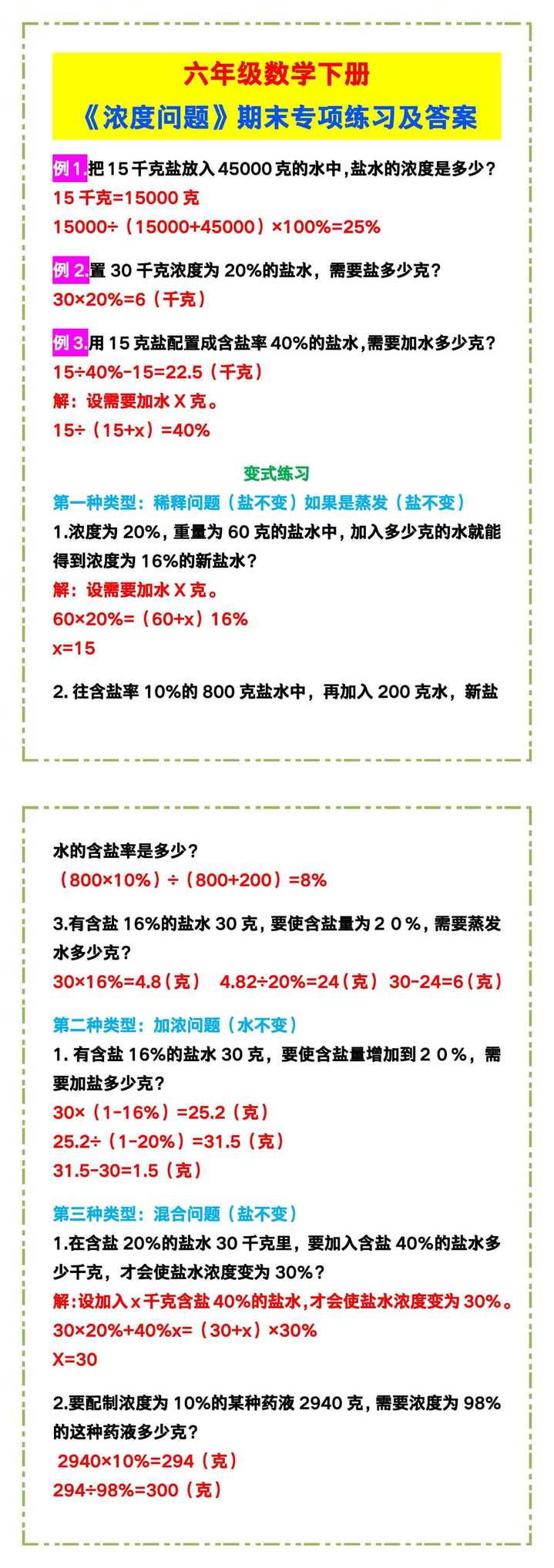 六年级数学下册《浓度问题》期末专项练习及答案！